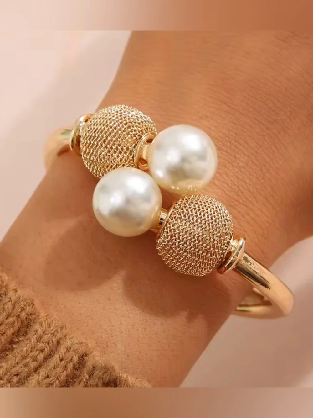 Gold-Tone Pearl Accent Hinged Bangle Bracelet - Picture 2 of 5